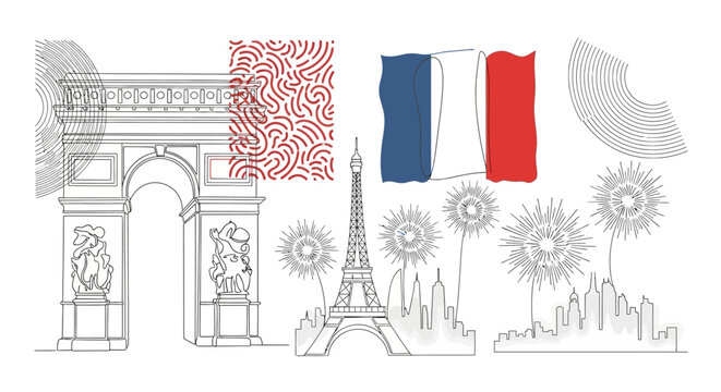 Parisian Collage: Arc de Triomphe, Eiffel Tower, French Flag, Fireworks, Abstract Patterns