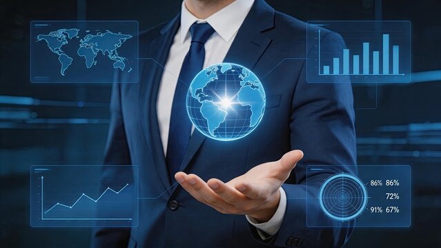 Businessman holding hologram globe surrounded by floating data charts, world map and statistics screens representing global analytics, big data management and international