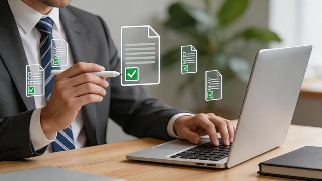 Manager signing digital documents on laptop, e-signature concept, business approval process, electronic contract, paperless office, legal agreement, corporate administration,