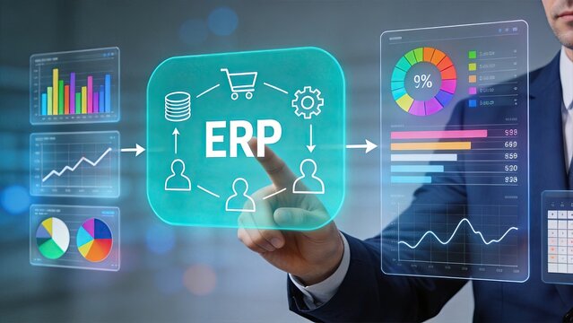 Futuristic ERP software interface showing business analytics, charts, and resource planning data on a holographic display.