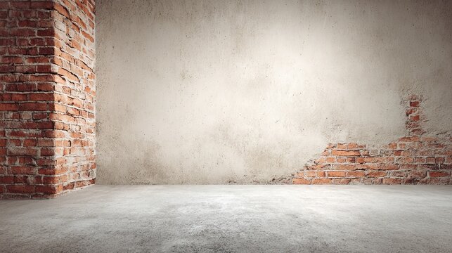 Old wall with peeling plaster revealing red bricks and light shadows for industrial, vintage and nostalgic background design