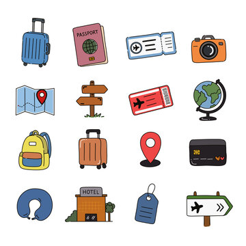 Cute Colorful Holiday Travel Icon Set Image Flat Illustration PNG 