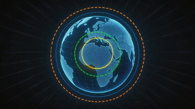 Digital globe with network connection lines and concentric circles representing global communication, internet connectivity, worldwide technology infrastructure, and international