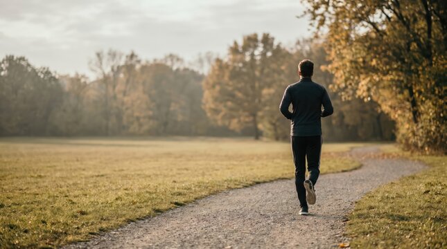 Middle aged man jogging on gravel path in autumn park for mental health and fitness routine, active lifestyle concept, outdoor cardio exercise in fall season