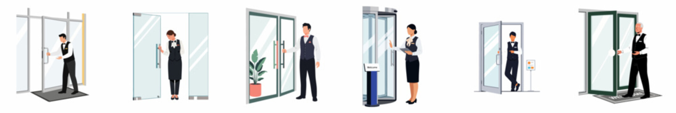 Flat Vector Illustrations of Professional Door Attendants and Hostesses Greeting Guests and Opening Doors at Luxury Hotel and Restaurant Entrances.