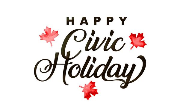 Happy civic holiday text animation with red maple leaf, suitable for festive designs, banners, social media posts, and posters.
