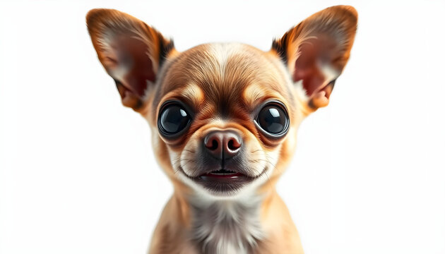 A close-up front portrait of an adorable, tiny Chihuahua puppy looking straight forward with massive, glossy black eyes and large erect ears, isolated on a white background.
