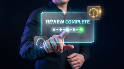 Obraz premium Professional Pressing Review Complete Button on Digital Document Panel to Finalize Approvals, Close Tasks, Confirm Checklists, and Signal Completion