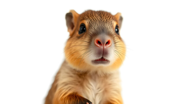A close-up portrait of a fat prairie dog or gopher looking forward curiously with its cheeks full, isolated on a white background.