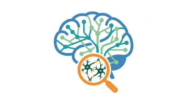 Abstract illustration of human brain with neurons under magnifying glass.