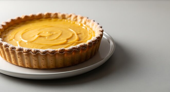 Freshly baked lemon tart with a golden custard filling on a simple plate. lucuma pie