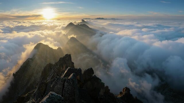 Majestic Mountain Peaks Piercing Through a Dense Sea of Clouds at Sunrise Cinematic Landscape