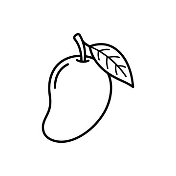 Cute mango with leaf coloring page. Black and white outline of sweet tropical fruit for kids coloring book, preschool worksheets, and KDP interior.