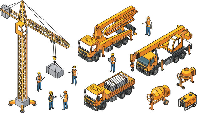 Isometric Illustration of Construction Site with Cranes, Trucks, Mixers, and Workers in Safety Gear for Industrial Projects