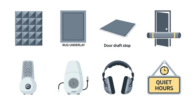 Soundproofing and Noise Reduction Icons: Acoustic Panels, Rug Underlay, Door Draft Stop