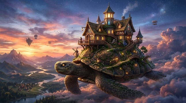 Fantasy Castle on a Giant Turtle in a Mystical Sky Scene.