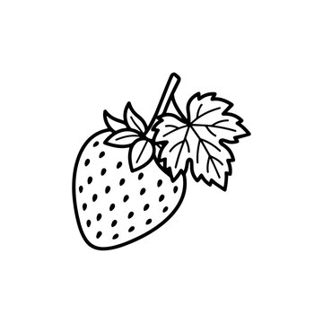 Cute strawberry with leaves coloring page. Black and white outline of sweet berry fruit for kids coloring book, preschool activities, and KDP interior.