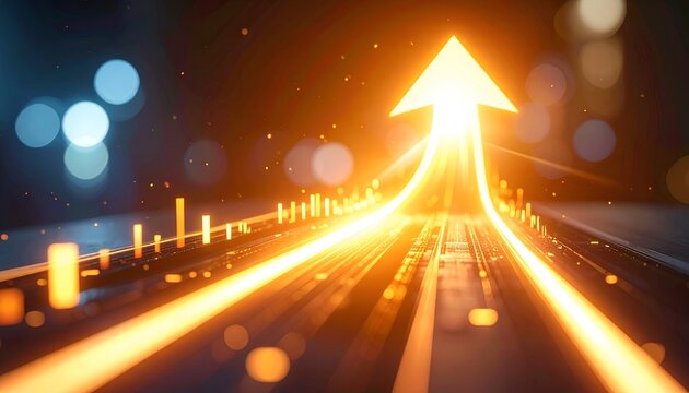 Golden arrow rises above glowing digital path. Flickering lights pulse like data streams ahead