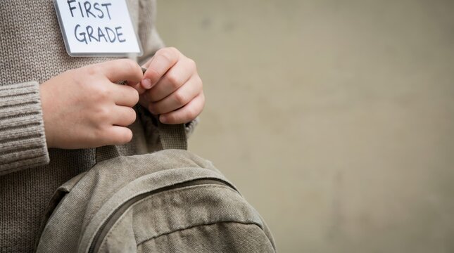 Young child in first grade wearing a name tag and holding a backpack, representing the first day of school, education, childhood development, and academic beginnings
