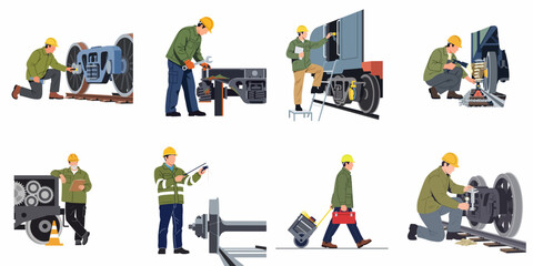Set of railway maintenance workers and engineers performing various inspection and repair tasks on train components, illustrated in a flat vector style. © Maya