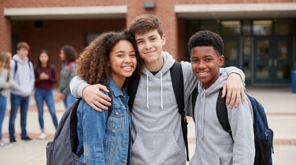 Obraz premium Diverse group of three teenage friends smiling together outside high school building, happy multiethnic students with backpacks ready for class, education and friendship concept