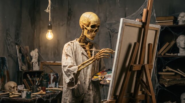 Eerie skeleton artist painting on a blank canvas in a dark dusty workshop with cobwebs skulls and bones under a lightbulb