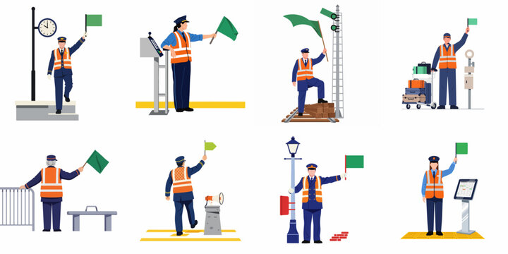 Set of flat vector illustrations of railway station workers and conductors in uniforms holding green flags for train departure and signaling.