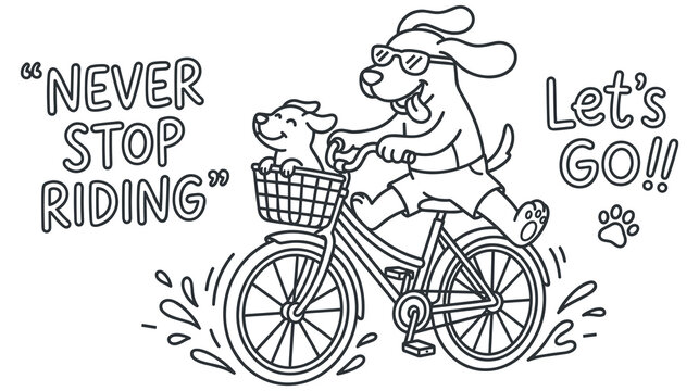 Happy dogs ride bicycle outdoor with text quote never stop riding.