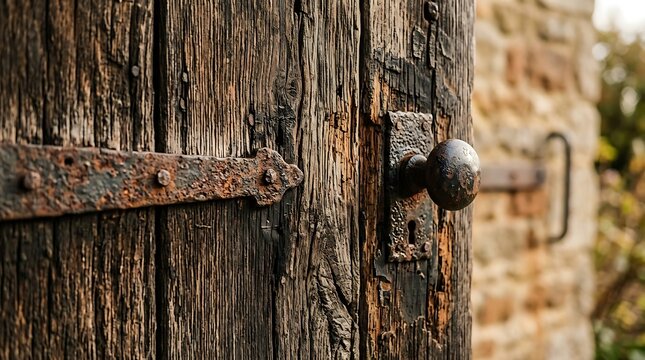 Closeup of Rustic Wooden Door with Metal Handle and Lock.