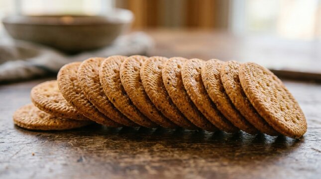 Close-up stack orange-colored crackers are Golden brown layers of flaky pastry stacked