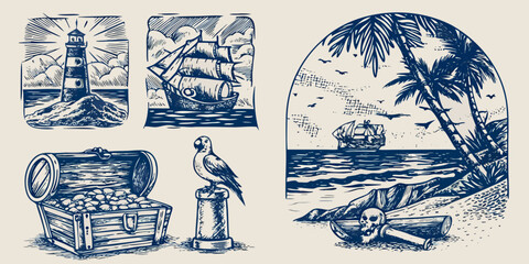 Pirate Themed Engravings Lighthouse Ship Treasure Parrot And Tropical Scene © Raben