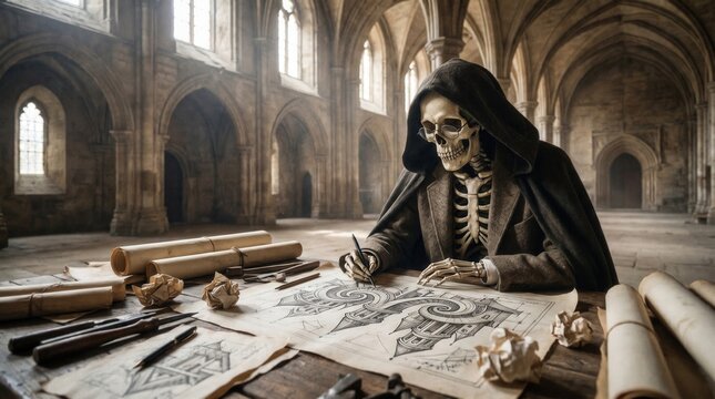 Skeleton Architect in Hooded Cloak Drafting Intricate Cathedral Blueprints in a Sunlit Gothic Stone Hall Interior