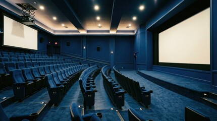Naklejka premium Empty movie theater blue seats walls Blank poster mockup on wall in modern cinema interior
