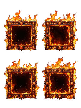 Four ornate square frames engulfed in intense fire, creating a dramatic and destructive visual effect with a dark, infernal mood against a clean white background.