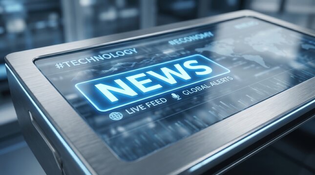 Close up of digital news feed screen displaying live global alerts and technology updates on a modern metallic device with blurred background representing media and information