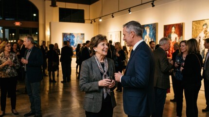 Fototapeta premium Group people art gallery center image Elegant senior woman in gray blazer enjoying opening