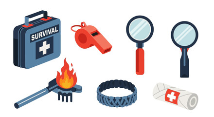 Naklejka premium Survival Kit Essentials: First Aid, Fire, Magnifying Glass, Whistle, Paracord