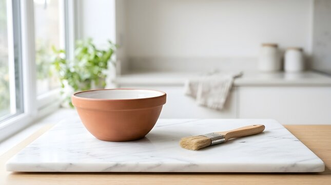 Bright kitchen workspace with empty bowl and brush, ready for fresh culinary projects