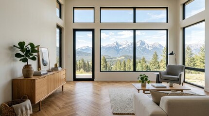 Fototapeta premium Modern living room large windows that Light exhibition interior with drawer, panoramic window and mockup