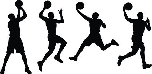 Basketball player silhouettes in various motion poses including jumping shooting and dunking isolated on white background © MDNAHIN