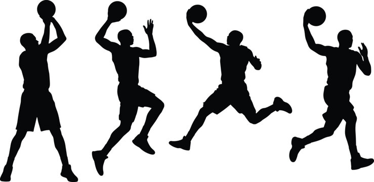 Basketball player silhouettes in various motion poses including jumping shooting and dunking isolated on white background
