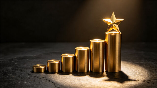 Stacked Brass Cylinders as Bar Chart with Golden Star on Tallest Column