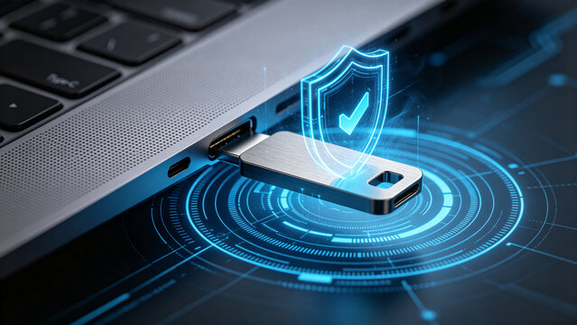 Hardware Security Key USB with Glowing Holographic Blue Shield in Laptop