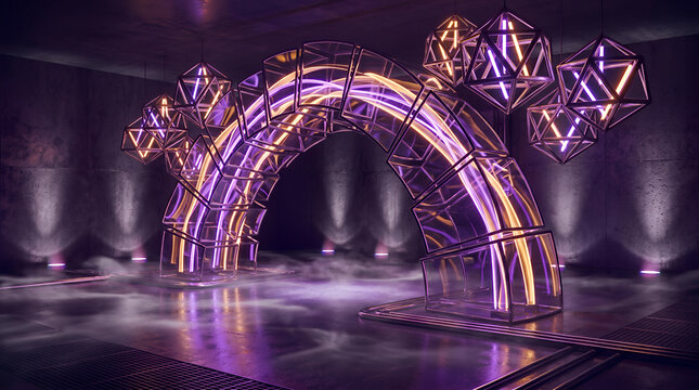 Futuristic archway with geometric pendant lights and neon glow