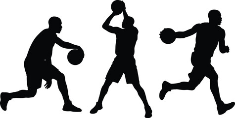 Silhouette collection of a professional male basketball player dribbling, shooting, and running isolated on a white background © MDNAHIN