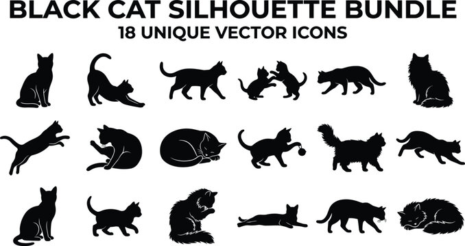 Set of eighteen black cat silhouettes in various poses including sitting, walking, playing, and sleeping isolated icons