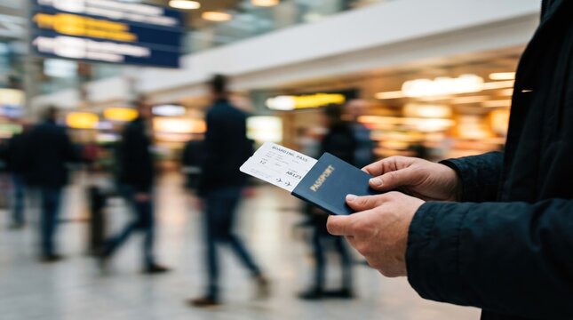 Adult male traveler holding passport and boarding pass in busy airport terminal, concept of international travel, vacation planning, and business trip preparation