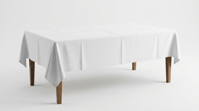 Rectangular table covered white tablecloth Isolated fabric covering a against plain
