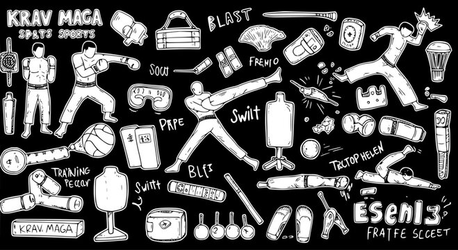 Krav Maga Martial Arts Training Doodles: Hand-drawn collection of self-defense equipment, fighting stances, and training gear for fitness and combat sports.