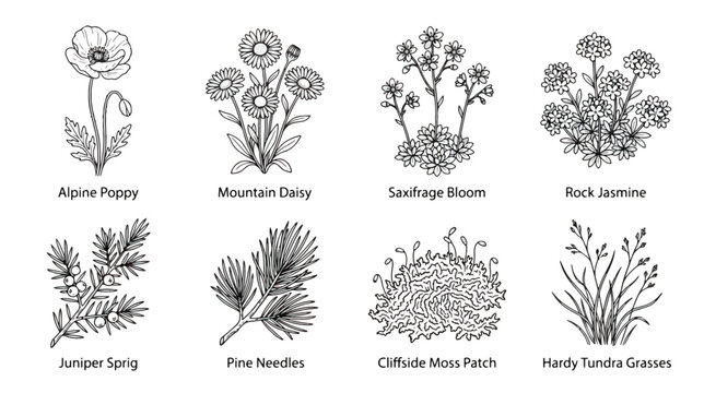 Vintage botanical line art collection, 8 alpine mountain flora vector illustrations, hand drawn wildflower and evergreen needle sketches for nature branding